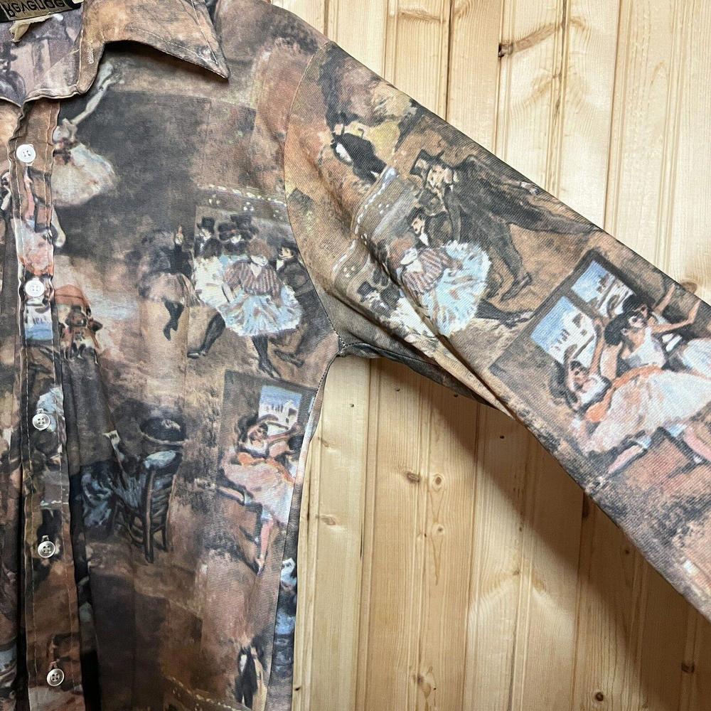 VTG Disco Revenge Button Down Shirt AOP Picture Printed Thin Sheer Elastic Sz M - Picture 5 of 10